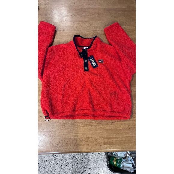 TOMMY JEANS RED FLEECE BLACK TRIM SWEATER PULLOVER TOP JACKET WOMENS SZ XL P1-26 - Picture 1 of 12